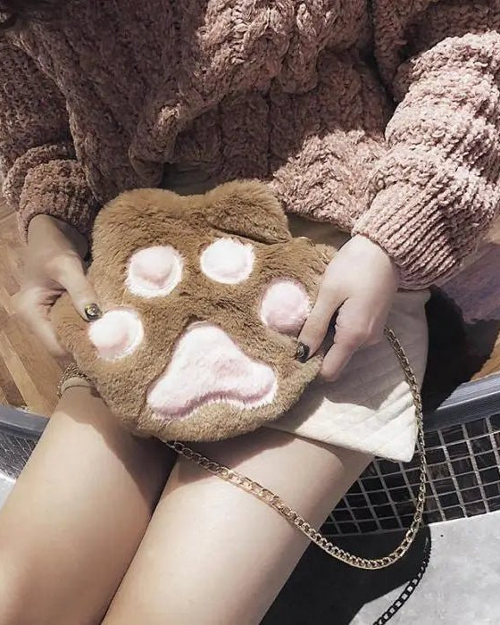 Adorable Furry Kitty Cat Paw Handbag in Vegan Fur - Cosparty