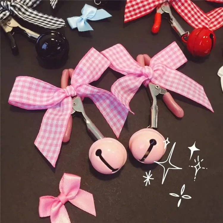 Adorable Nipple Clamps with Jingly Bells and Plaid Ribbons - Cosparty