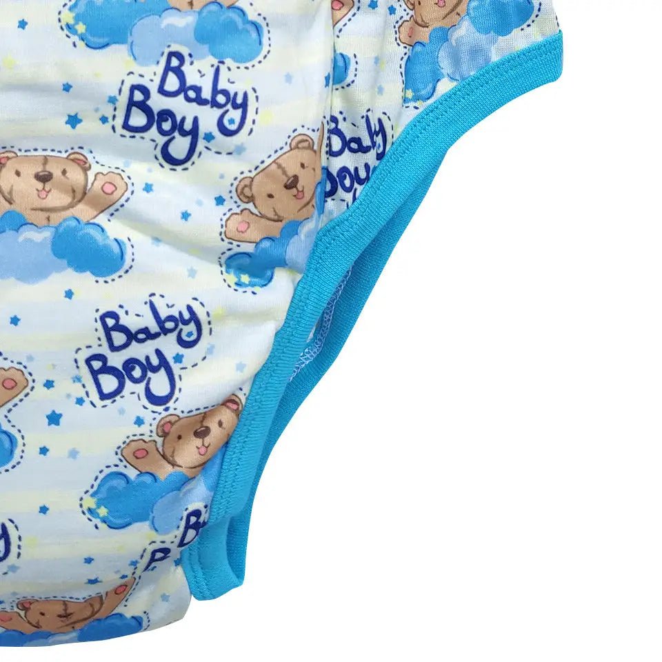 Adult Baby Training Pants with Blue Trim and Cute Baby Boy Design - Cosparty