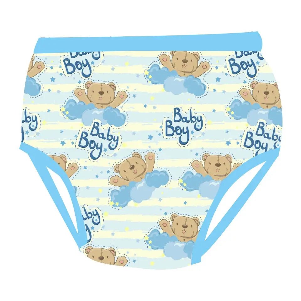 Adult Baby Training Pants with Blue Trim and Cute Baby Boy Design - Cosparty