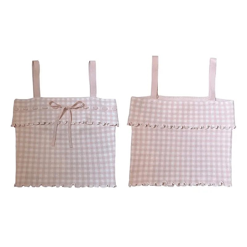 Angelcore Pink Plaid Bow Tank Top with Asymmetrical Rosebud Straps - Cosparty
