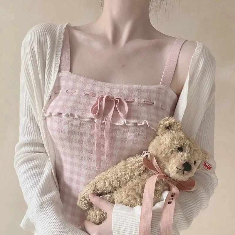 Angelcore Pink Plaid Bow Tank Top with Asymmetrical Rosebud Straps - Cosparty