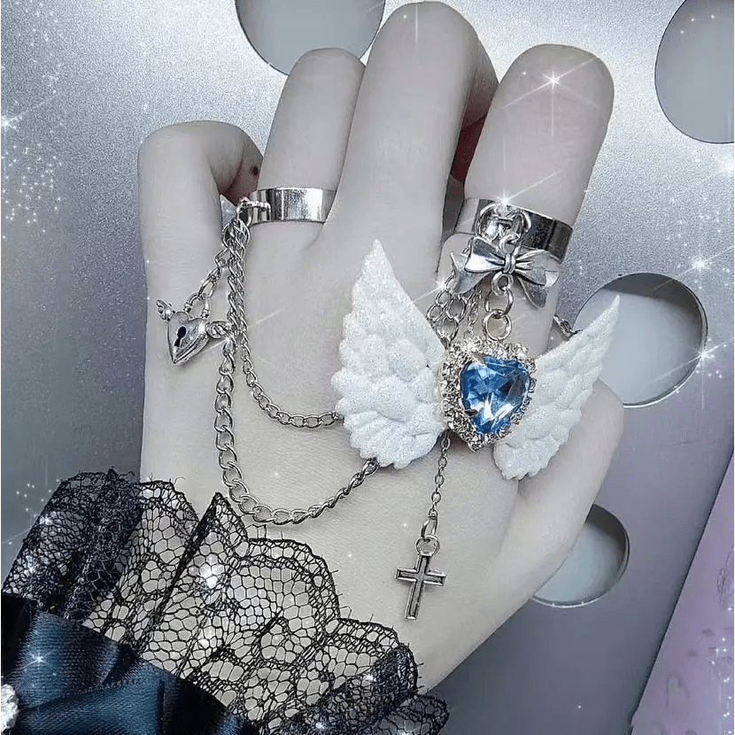 Angelic Goth Ring Set with Bat Wings and Crystal Embellishments - Cosparty