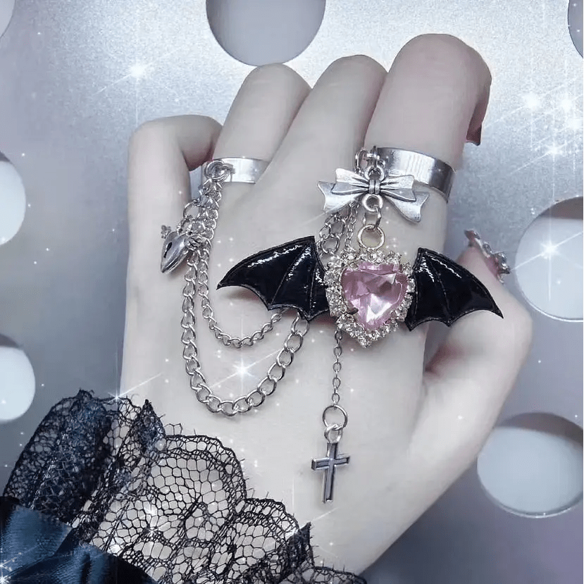 Angelic Goth Ring Set with Bat Wings and Crystal Embellishments - Cosparty