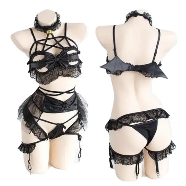Anime Inspired Lingerie Set with Bat Wings and Vegan Leather Accents - Cosparty