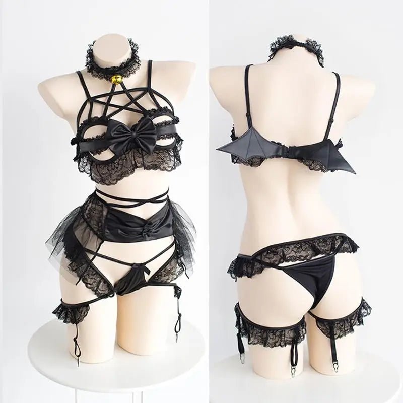 Anime Inspired Lingerie Set with Bat Wings and Vegan Leather Accents - Cosparty
