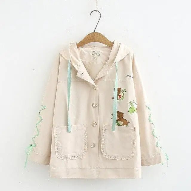 Avocado Teddy Bear Windbreaker Coat for Spring and Fall - Cosparty