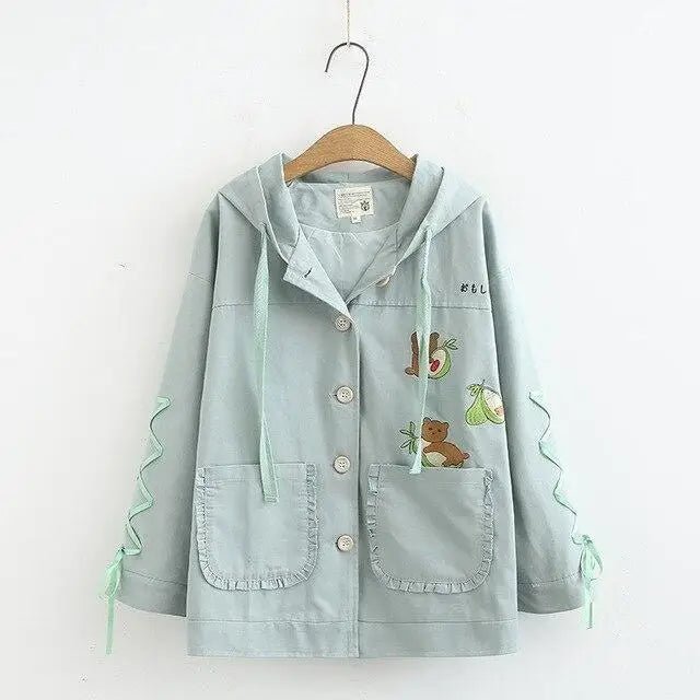 Avocado Teddy Bear Windbreaker Coat for Spring and Fall - Cosparty