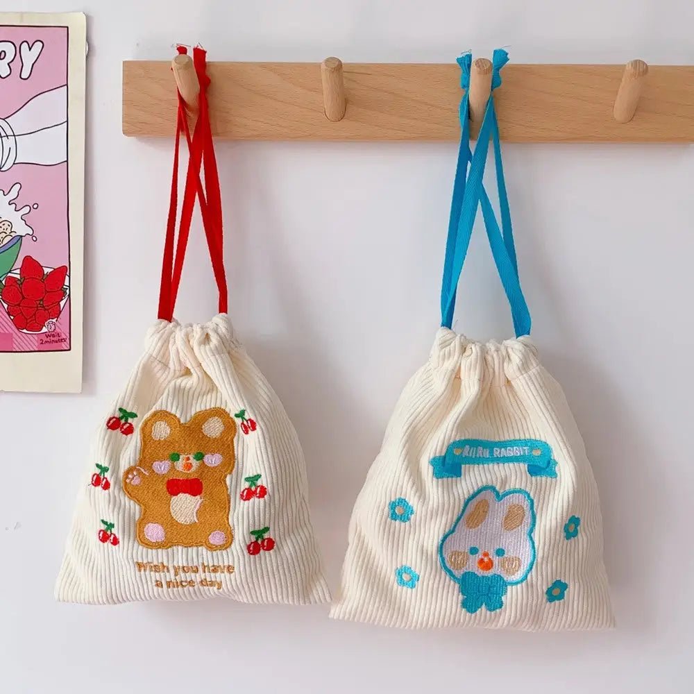 Baby Bear and Bunny Corduroy Drawstring Bags for Cute Belongings - Cosparty