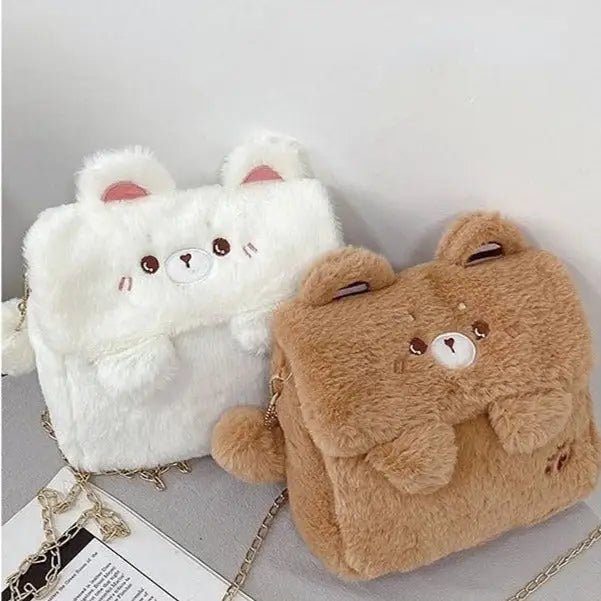 Baby Bear Fur Handbag with Cute Embroidered Teddy Bear Face - Cosparty