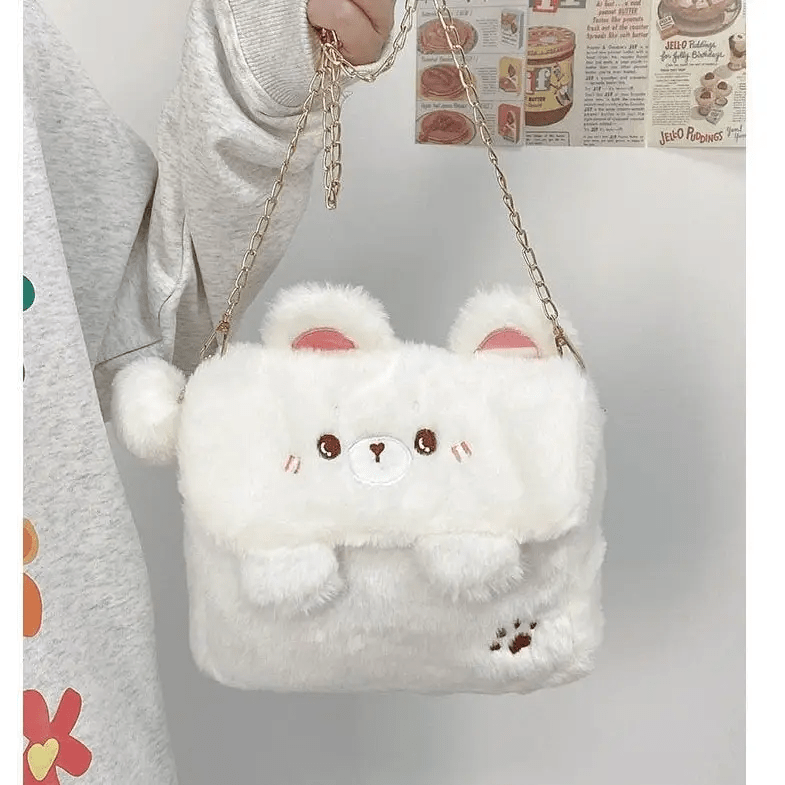 Baby Bear Fur Handbag with Cute Embroidered Teddy Bear Face - Cosparty