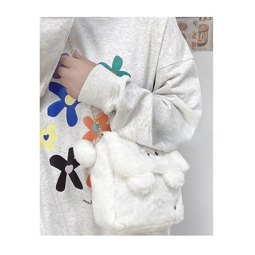 Baby Bear Fur Handbag with Cute Embroidered Teddy Bear Face - Cosparty