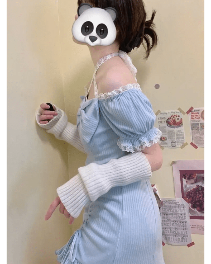 Baby Blue Lace Embellished Sweater Dress with Ruffled Trim - Cosparty