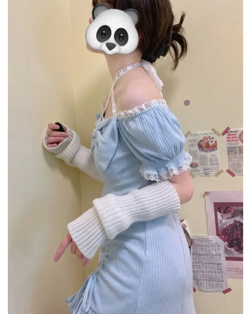 Baby Blue Lace Embellished Sweater Dress with Ruffled Trim - dress