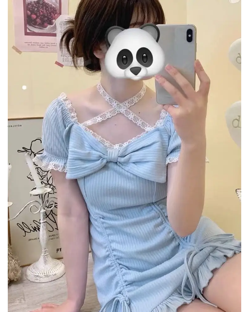 Baby Blue Lace Embellished Sweater Dress with Ruffled Trim - dress