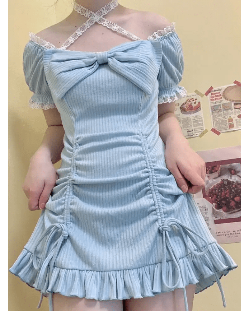 Baby Blue Lace Embellished Sweater Dress with Ruffled Trim - Cosparty