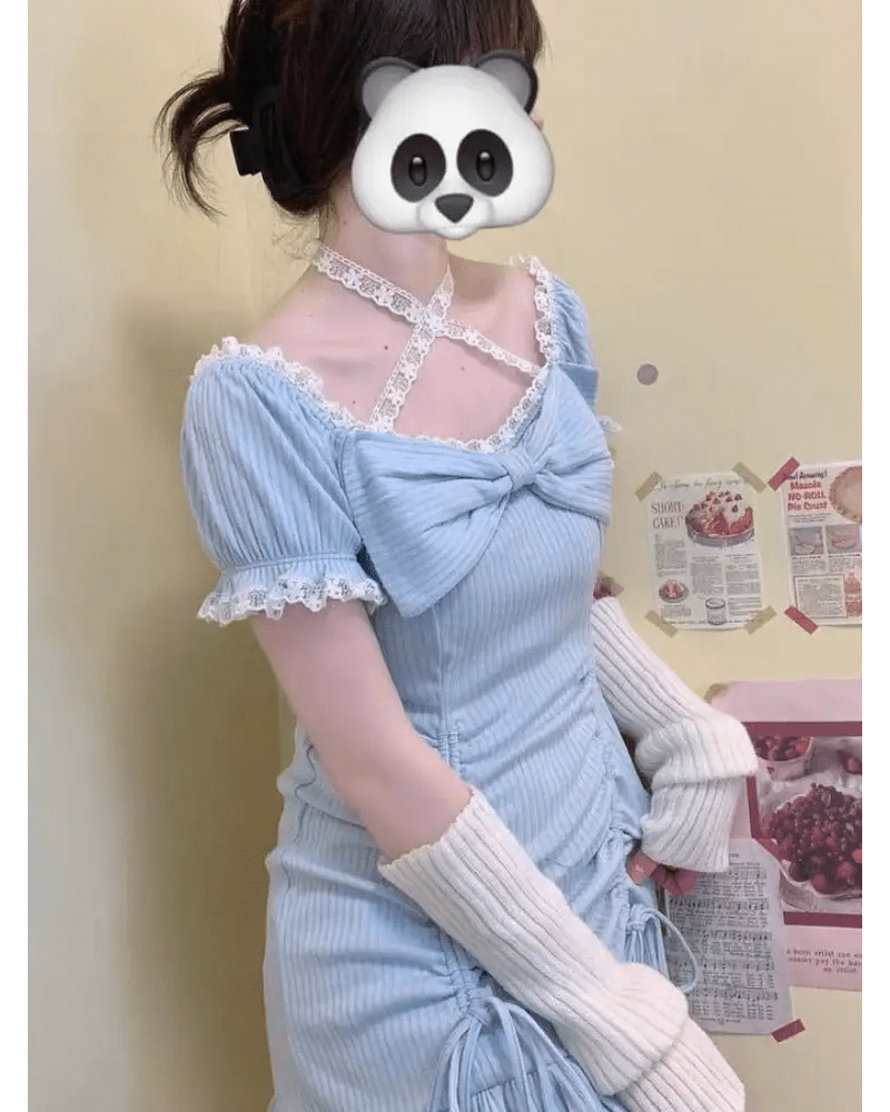 Baby Blue Lace Embellished Sweater Dress with Ruffled Trim - Cosparty