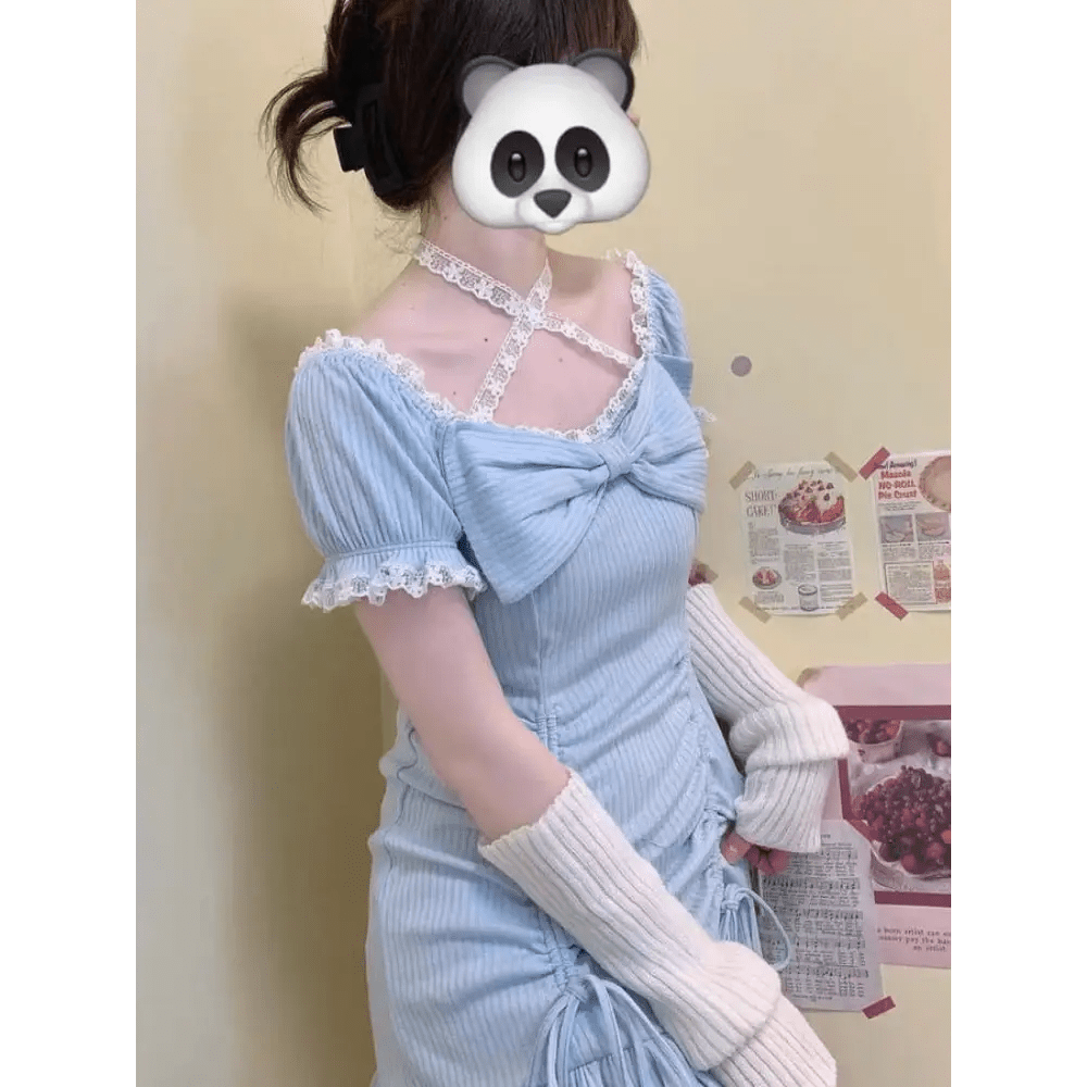 Baby Blue Lace Embellished Sweater Dress with Ruffled Trim - Cosparty