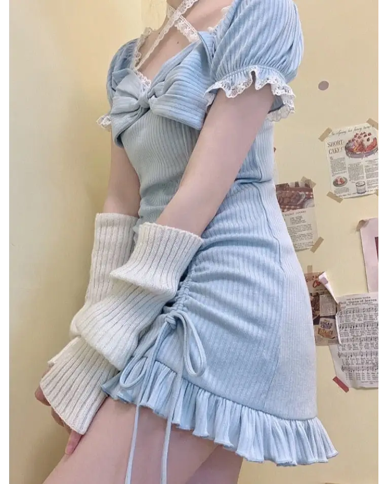 Baby Blue Lace Embellished Sweater Dress with Ruffled Trim - dress