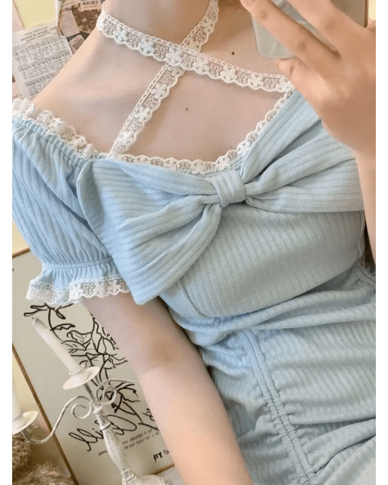 Baby Blue Lace Embellished Sweater Dress with Ruffled Trim - Cosparty