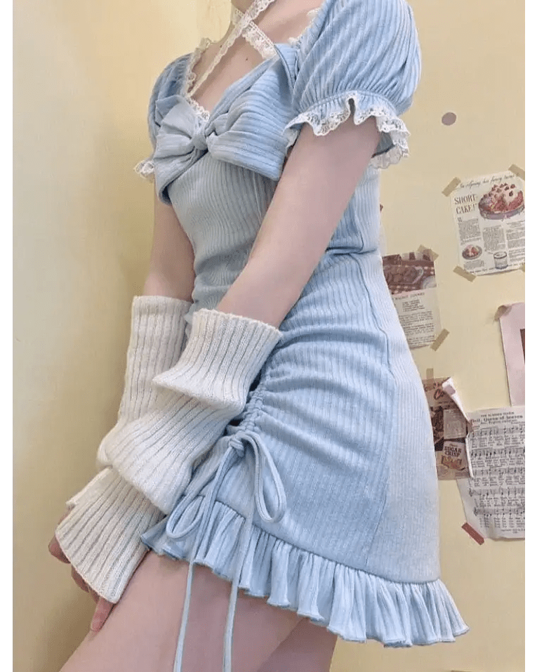 Baby Blue Lace Embellished Sweater Dress with Ruffled Trim - Cosparty