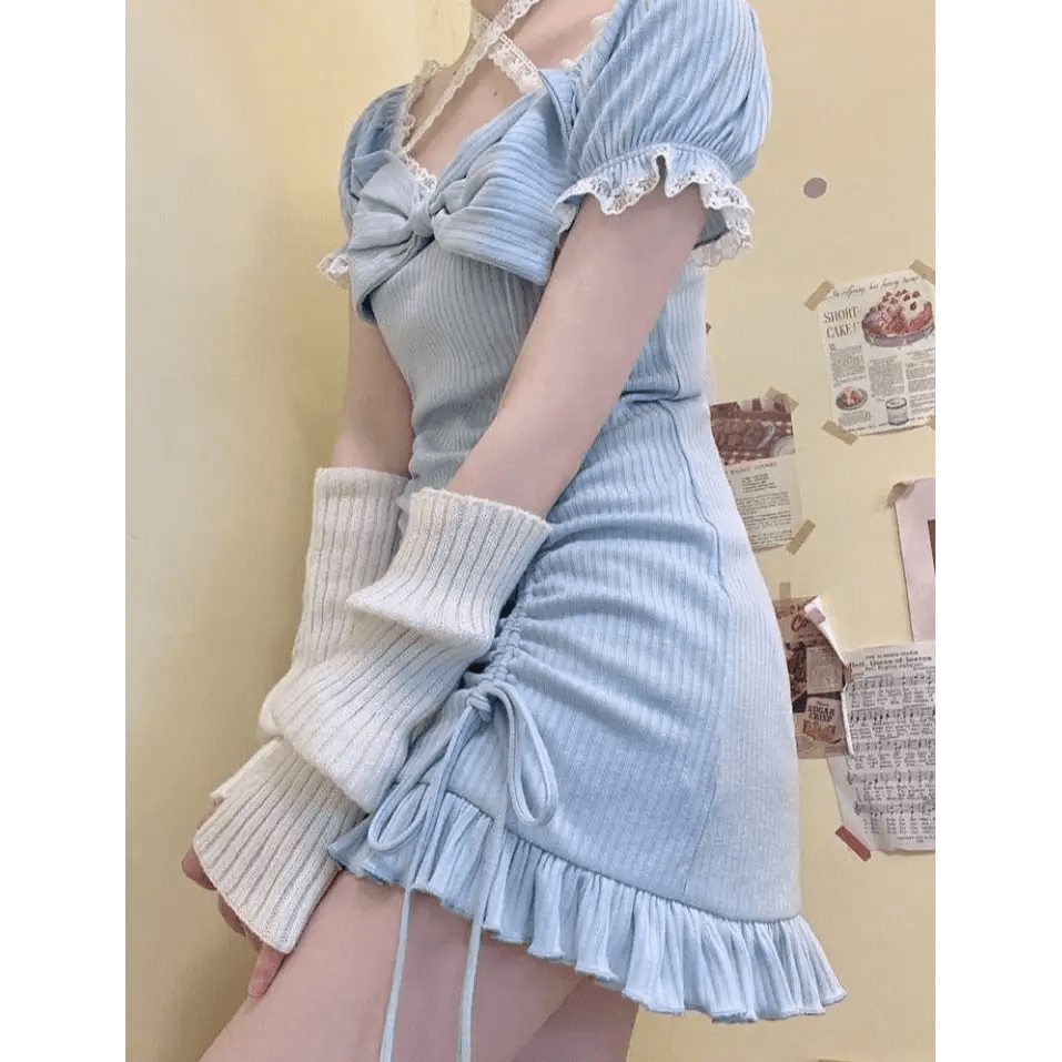 Baby Blue Lace Embellished Sweater Dress with Ruffled Trim - Cosparty