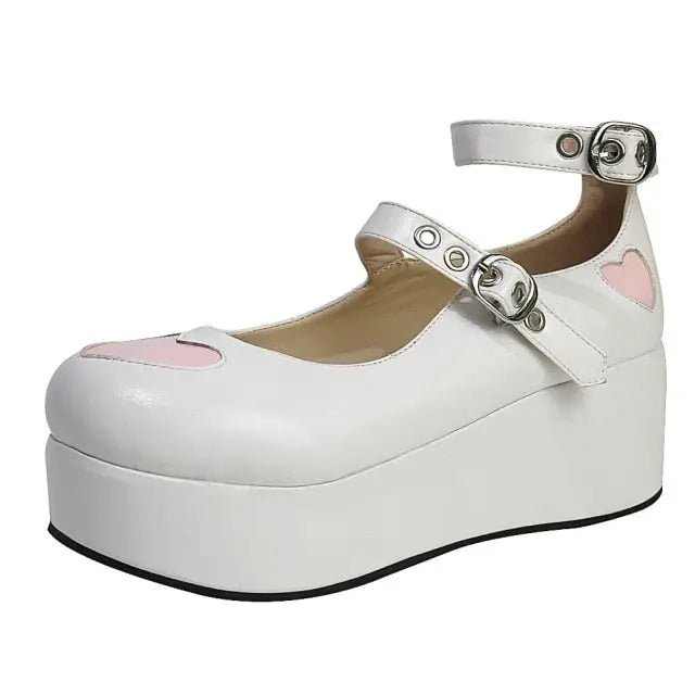 Babydoll Platform Wedge Mary Jane Shoes with Heart Buckle - Cosparty