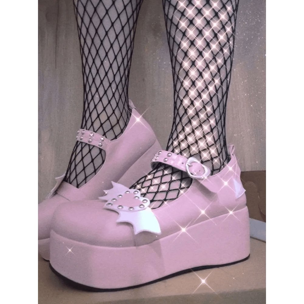 Babydoll Platform Wedge Mary Jane Shoes with Heart Buckle - Cosparty