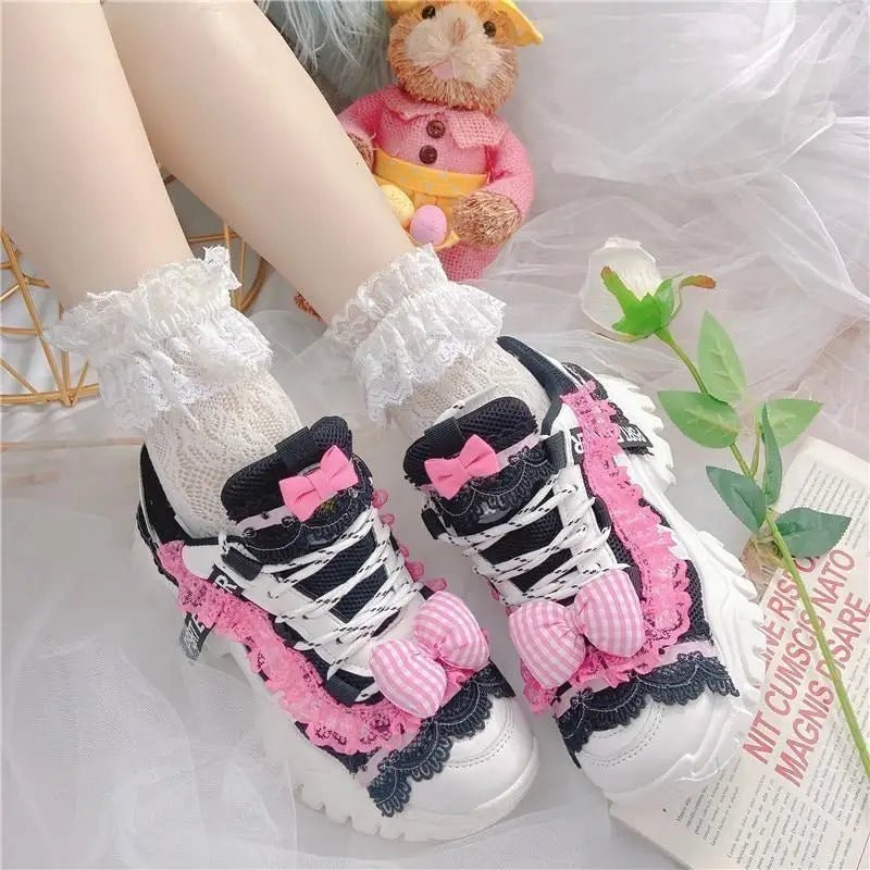 Black and Pink Pastel Goth Lolita Streetwear Sneakers - Cosparty