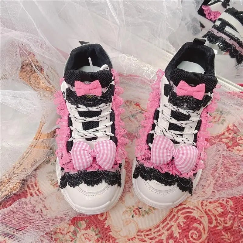 Black and Pink Pastel Goth Lolita Streetwear Sneakers - Cosparty