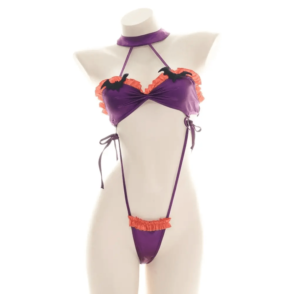 Black and Purple Bat Inspired Ruffled Bikini Set - Cosparty
