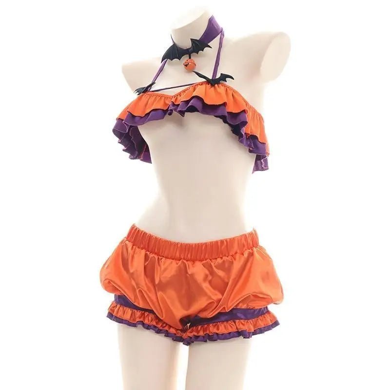 Black and Purple Bat Ruffled Lingerie Set for Halloween - Cosparty