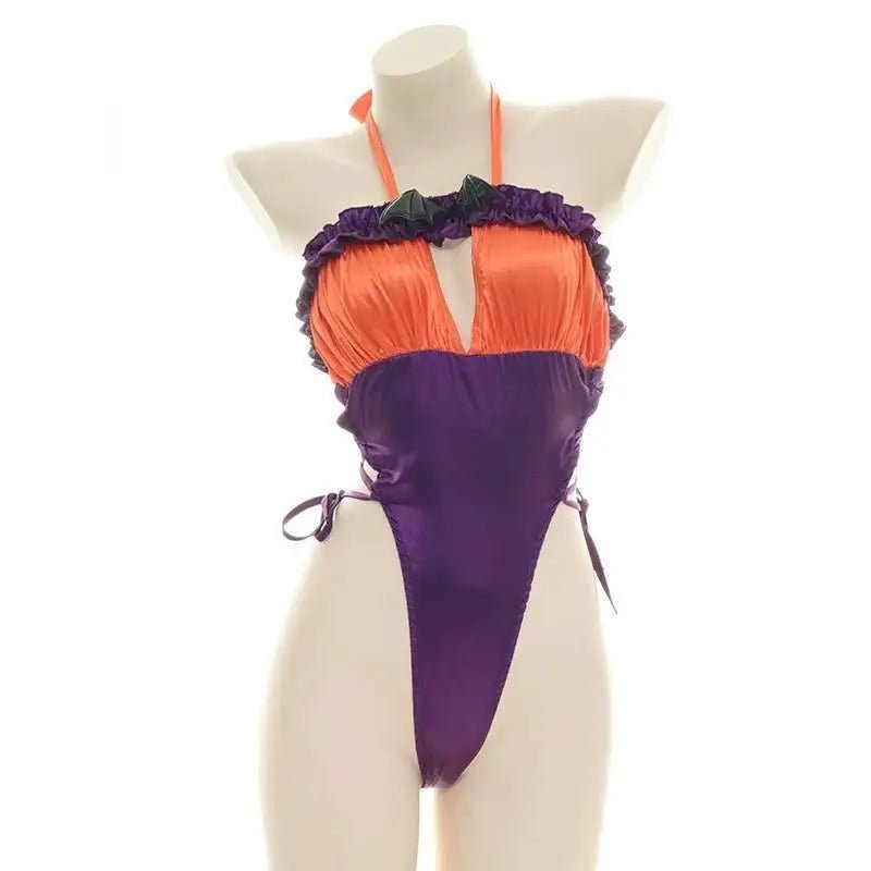 Black and Purple Bat Ruffled Monokin Bodysuit for Halloween - Cosparty
