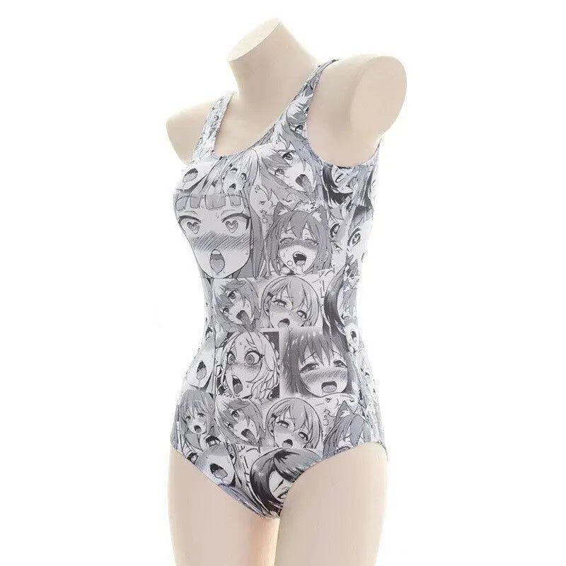 Black and White Ahegao Face One - Piece Bodysuit for Otaku Fans - Cosparty