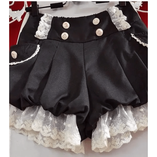 Black and White Bloomer - Style Shorts with Lace Ruffles and Pockets - Cosparty