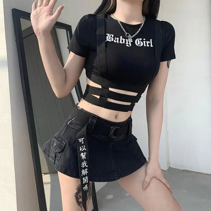 Black Baby Girl Crop Top with Suspender Harness for Gothic Style - Cosparty