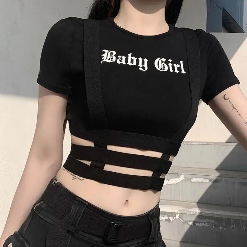 Black Baby Girl Crop Top with Suspender Harness for Gothic Style - Cosparty