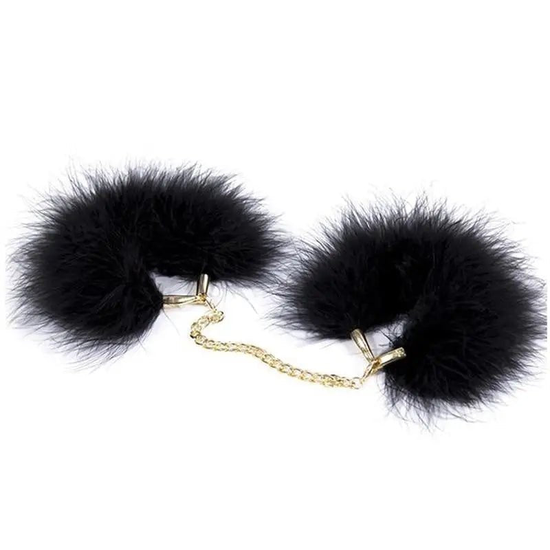 Black Fur Handcuffs with Plush Vegan Fur and Brushed Gold Chain - Cosparty