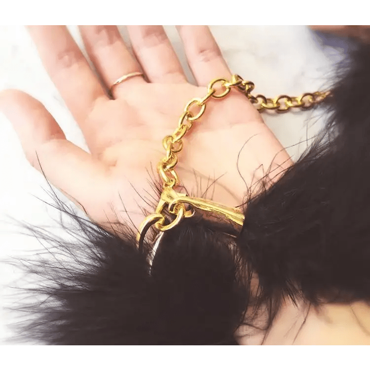 Black Fur Handcuffs with Plush Vegan Fur and Brushed Gold Chain - Cosparty