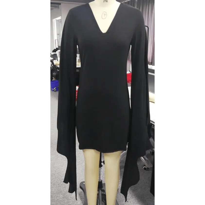 Black Gothic Forest Witch Dress with Flowy Wing Style Sleeves - Cosparty