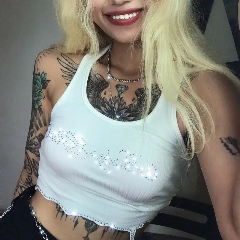 Black Long Sleeve Rhinestone Embellished Babygirl Crop Top Instock - Cosparty