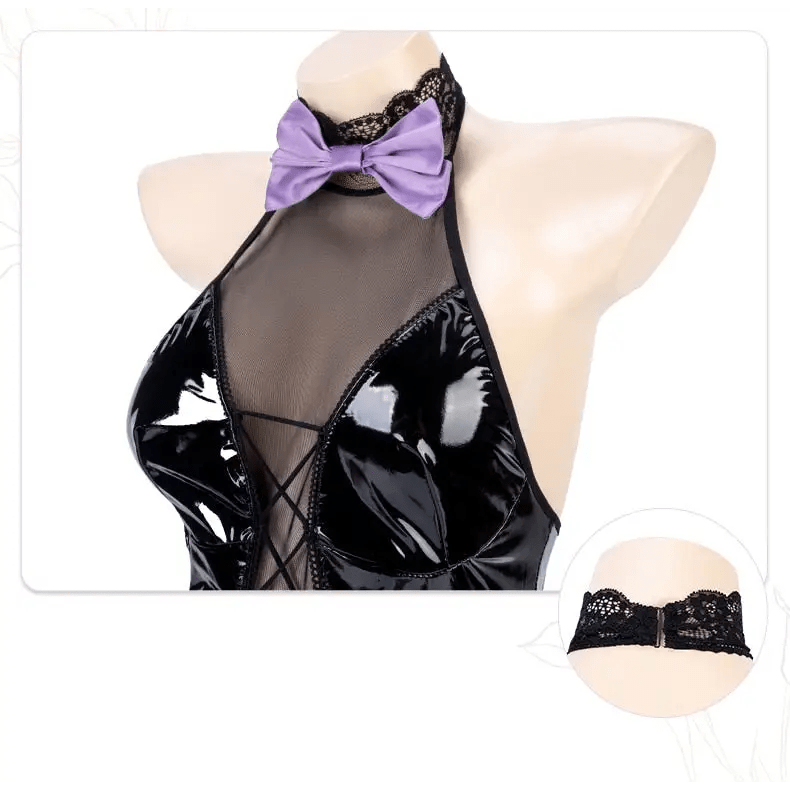 Black & Purple Leather Succubus Bodysuit Set for Gothic Styles - Cosparty