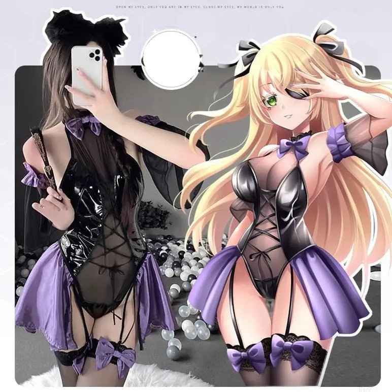 Black & Purple Leather Succubus Bodysuit Set for Gothic Styles - Cosparty