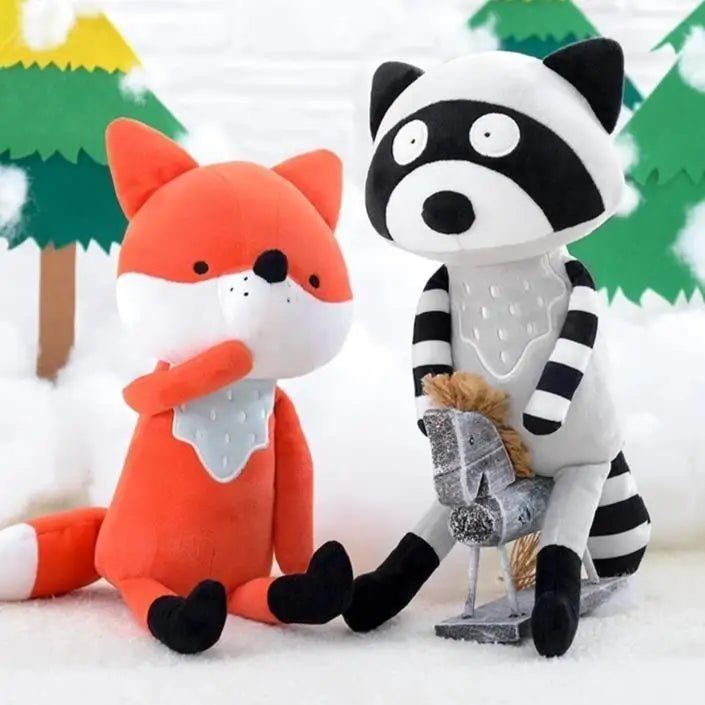 Black Striped Raccoon and Brown Fox Plushies in New Condition - Cosparty