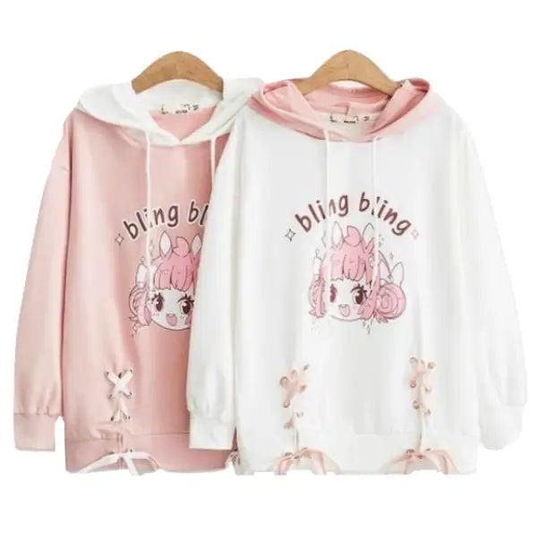 Bling Bling Bunny Anime Girl Hoodie in Pastel - Length 58cm - Cosparty
