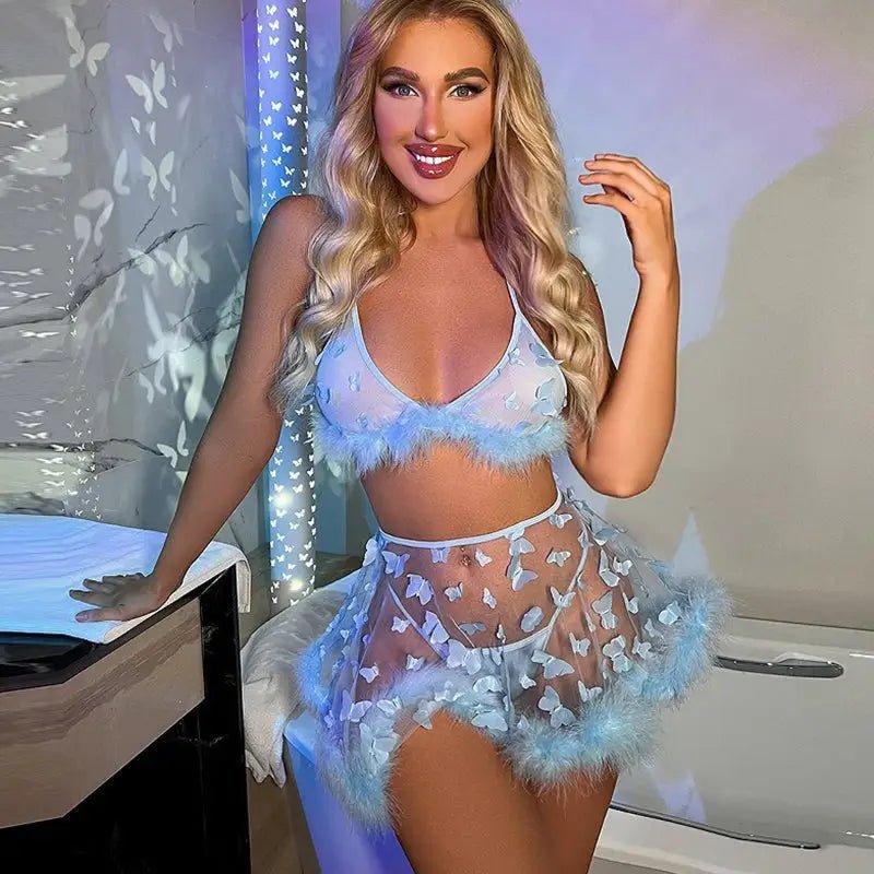 Blooming Butterfly Lingerie Set with Sheer Lace Skirt - Cosparty