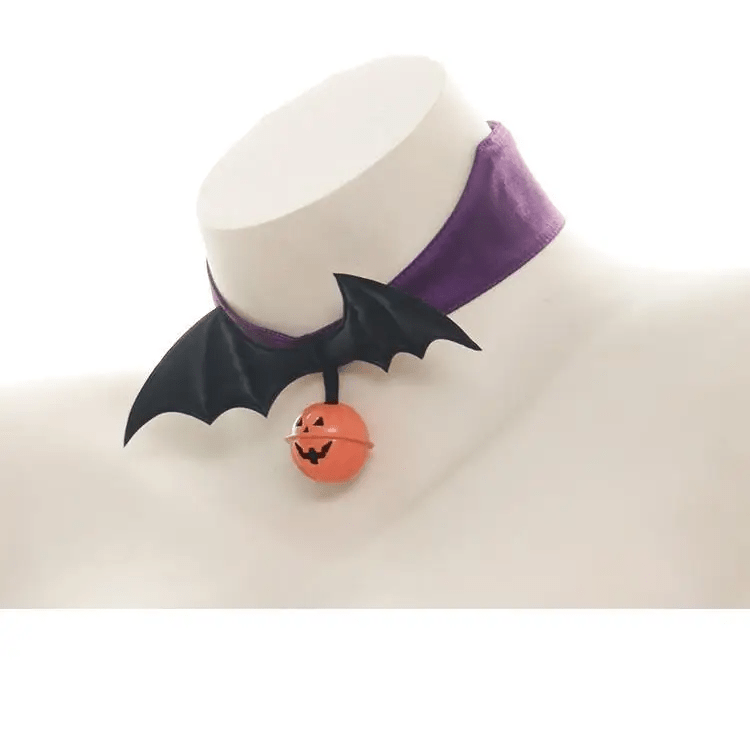 Bold Black and Purple Halloween Chokers with Pumpkins and Bat Wings - Cosparty