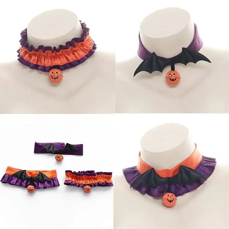 Bold Black and Purple Halloween Chokers with Pumpkins and Bat Wings - Cosparty