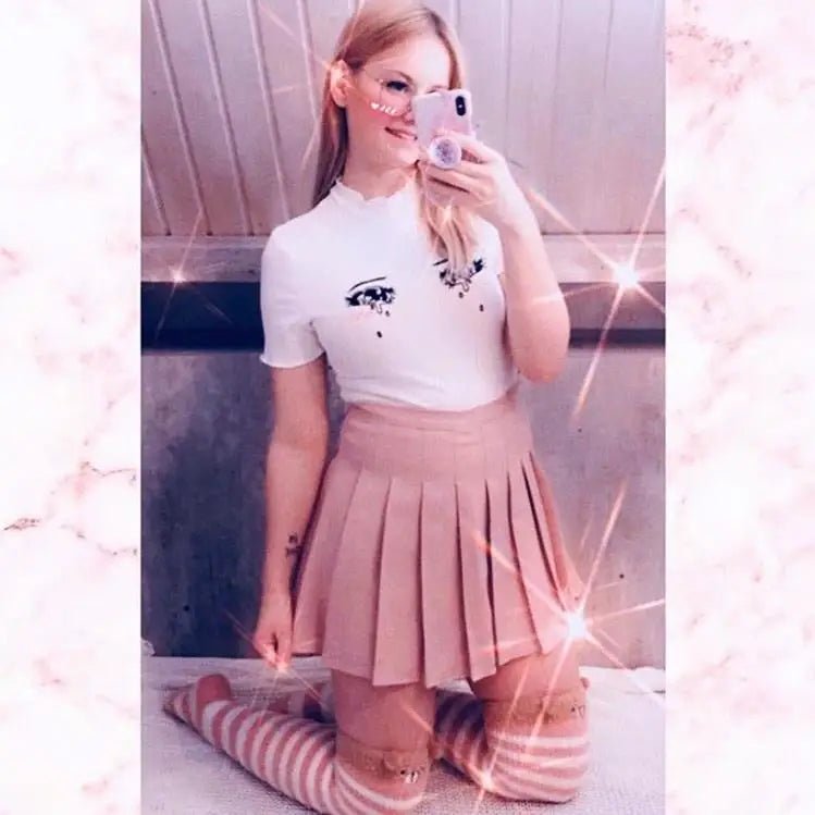 Bright White Knit Crop Top with Adorable Hand - Embroidered Eyes - Cosparty