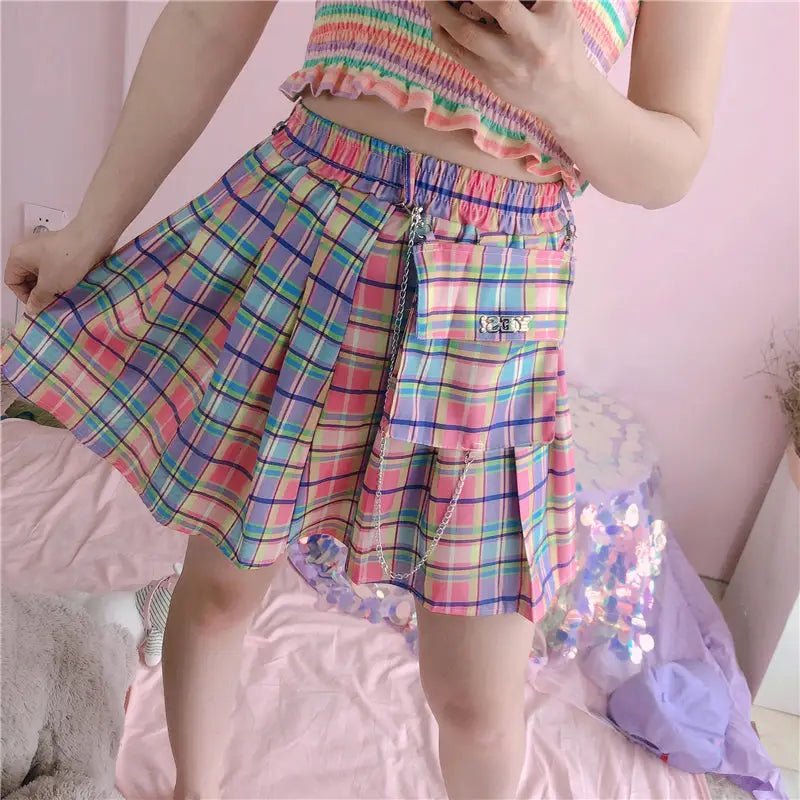 Bubblegum Rainbow Plaid Skirt with Cargo Pocket - Cosparty